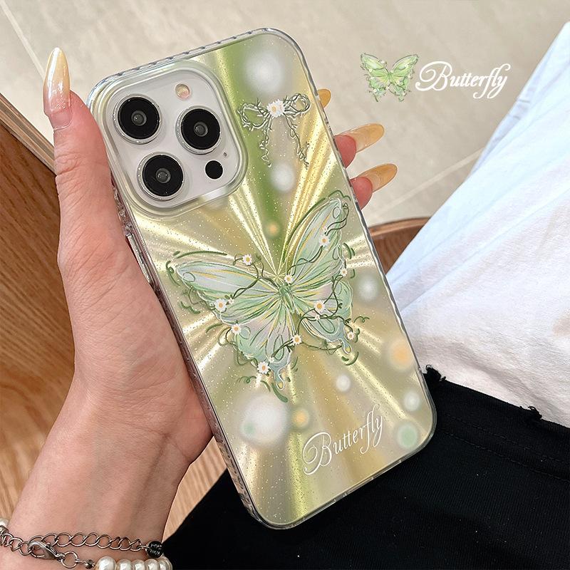 Niche Aurora Summer Green Butterfly Applicable To Apple 15 Women's IPhone 16 Mobile Case 13 Protective Case 14 Feather Yarn