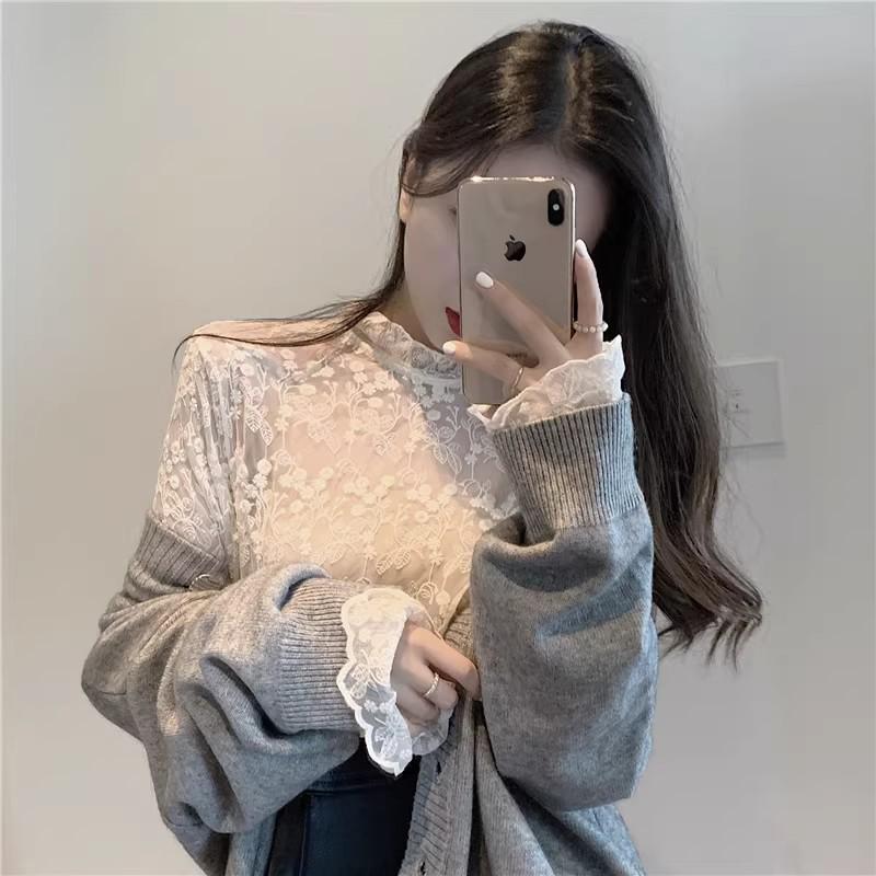 Plus Size Women's Lace Inner Shirt: Elegant Long Sleeve Mesh Top for Autumn/Winter