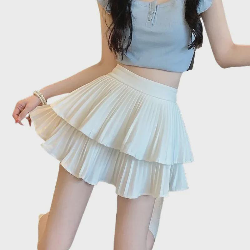 Fustă plisată cu strat dublu, cu talie înaltă, inspirată de balet - Dulce și drăguță, Slim, Anti-expunere, Stil de vară