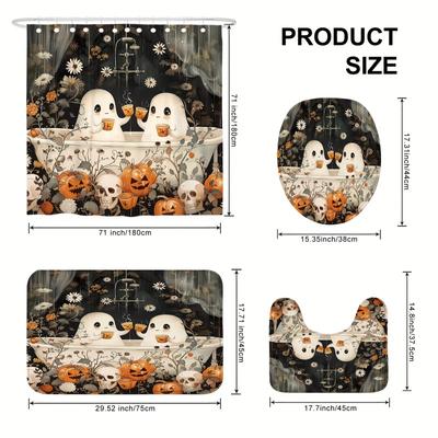 Conjunto de Cortina de Chuveiro de Halloween Fantasma Abóbora Crânio 1/4PCS com Tapetes Antiderrapantes Capa para Tampa de Vaso Sanitário e Tapete de Banho Lavável Doce ou Travessura