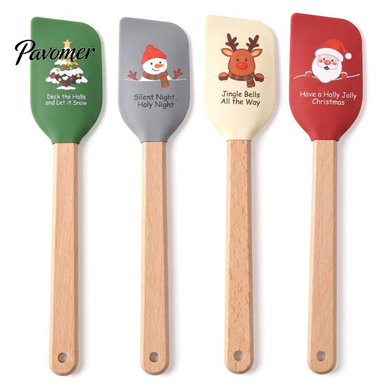 Decorative Holiday Baking Utensils Silicone Spatula with Wooden Handle, Christmas Tree/Snowman/Santa Claus/Elk Pattern for Decor, Heat Resistant