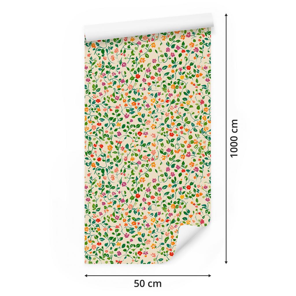 Wallpaper Small Flowers Cream, Beige, Lime and Green 50x1000