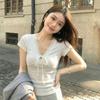 Black V-neck strap short-sleeved t-shirt women's front shoulder summer new short slim-fitting Korean beautiful small clothes