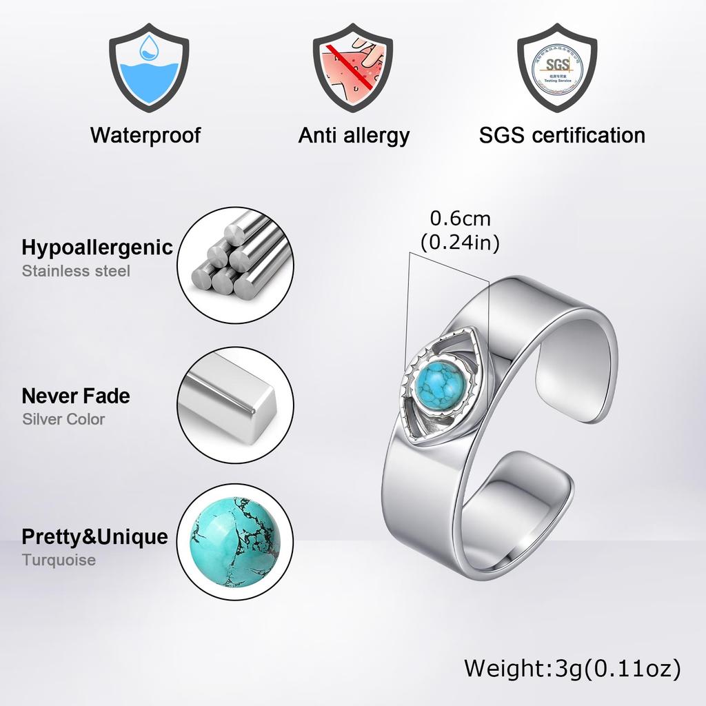 Vnox Devils Eye Adjustable Cuff Ring for Men, 6mm Wide Band Waterproof Stainless Steel Turquoise Stone Punk Rings Jewelry Gifts