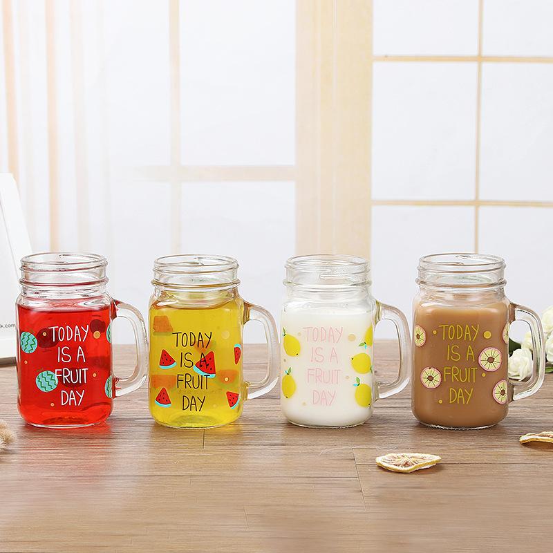 Summer Fruit Creative Mason Jar Cold Drink Glass Cup Juice Beverage Cup with Lid 500ml