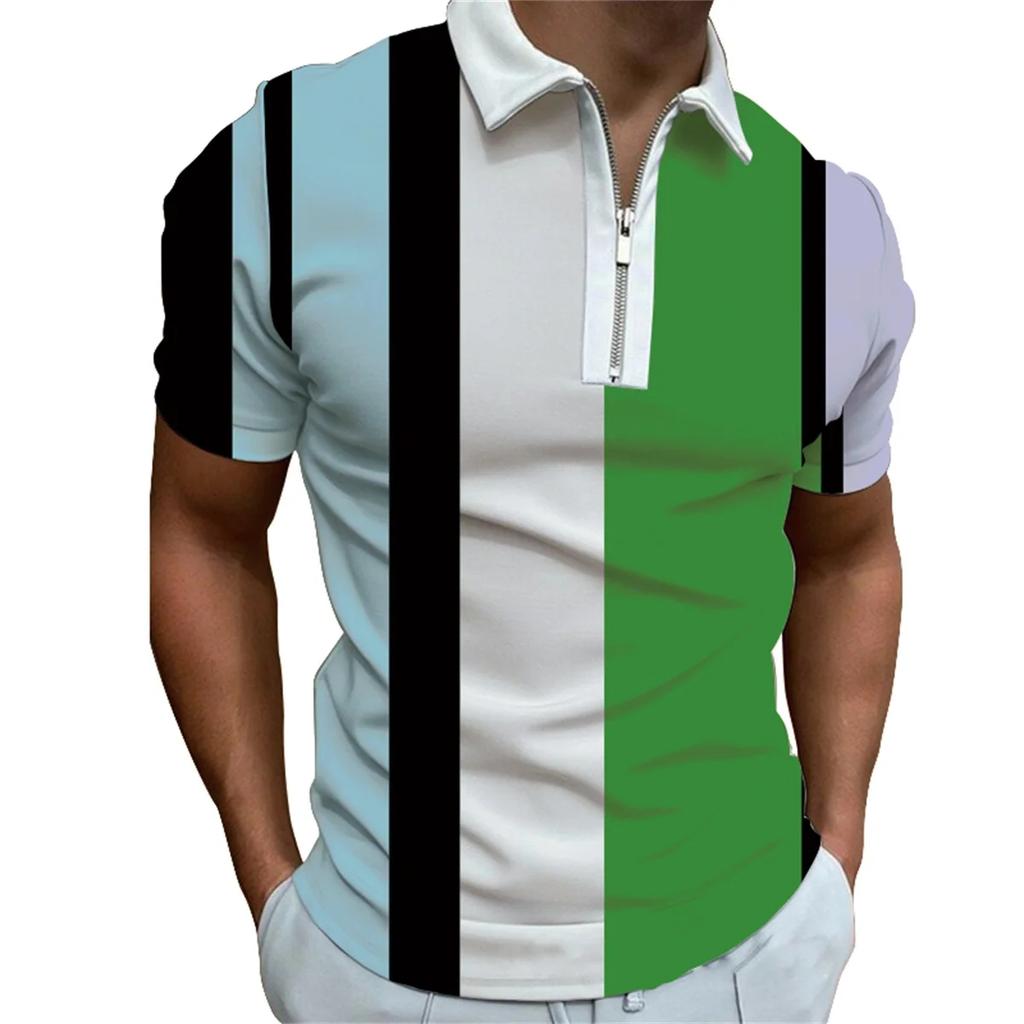 Men's Fashion Short Sleeve Zipper POLO Shirt Men's Personalized Printed Lapel POLO Shirt T-shirt