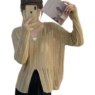 Summer Knit Openwork Mesh Long Sleeve Solid UV Plus Sizes Air Conditioning Sun Protection Autumn [Narebualo Cietupoop] Women's Top, Sweater, V-Neck,