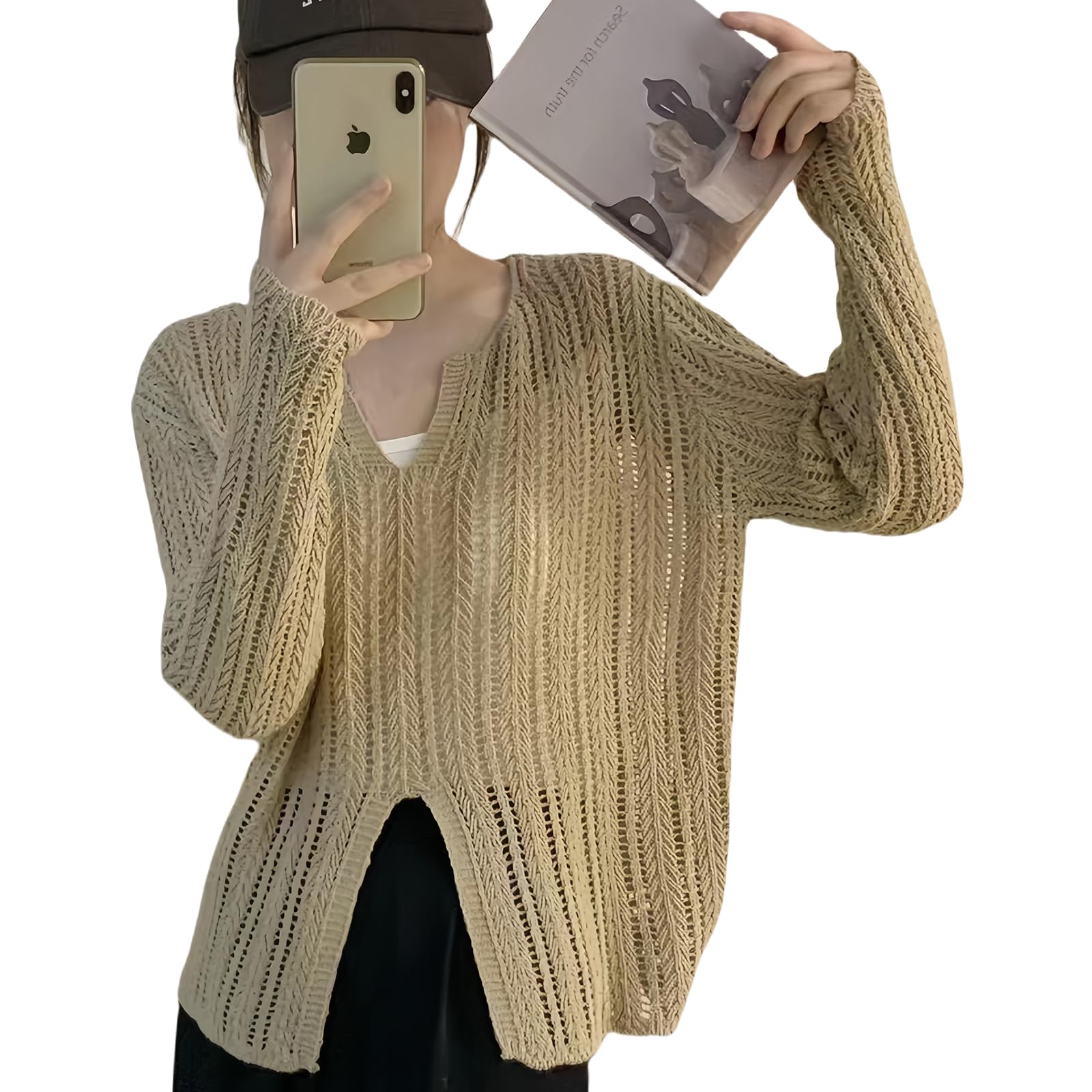 

Летний вязаный ажурный сетчатый топ с длинным рукавом однотонный УФ больших размеров для кондиционирования воздуха и защиты от солнца Осень [Narebualo Cietupoop] Женский топ, свитер, V-образный вырез,