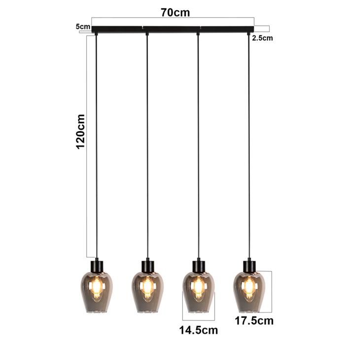 Lustre - NETTLIFE - Lustre à quatre têtes E27 - Noir - Abat-jour verre fumé - Style scandinave moderne