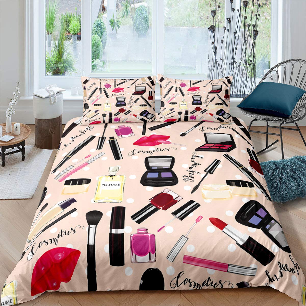 

Makeup Duvet Cover Set For Women Queen Size Lightweight Down Quilt Covers Bedroom Decor 2 Pillowcases 1 Duvet Cover No Comforter EU Single(135x200cm)
