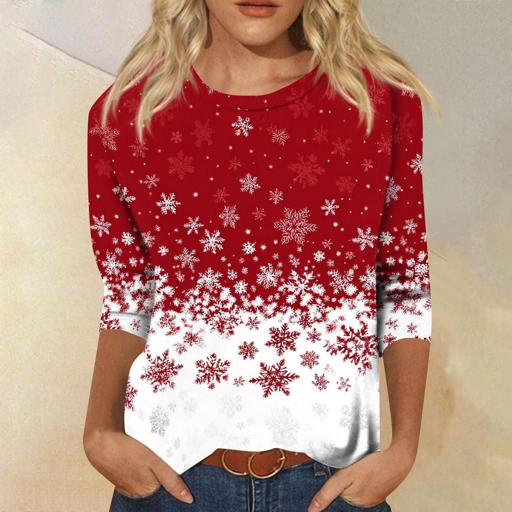 Women's Christmas Print 3/4 Sleeve Neck Loose Fit Casual Shirt