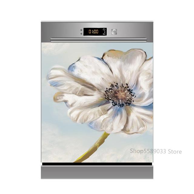 Lotus White Rose Kitchen Dishwasher Door Sticker Home Furniture Renovation Waterproof Vinyl Wallpaper Buddha Flower Room Decor