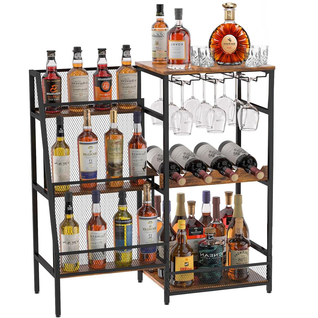 US Wine Rack Freestanding Floor Wine Bar Cabinet 3-Tier Floor Liquor Bar Cabinet With Fences & Glass Holder For Home Kitchen Bar