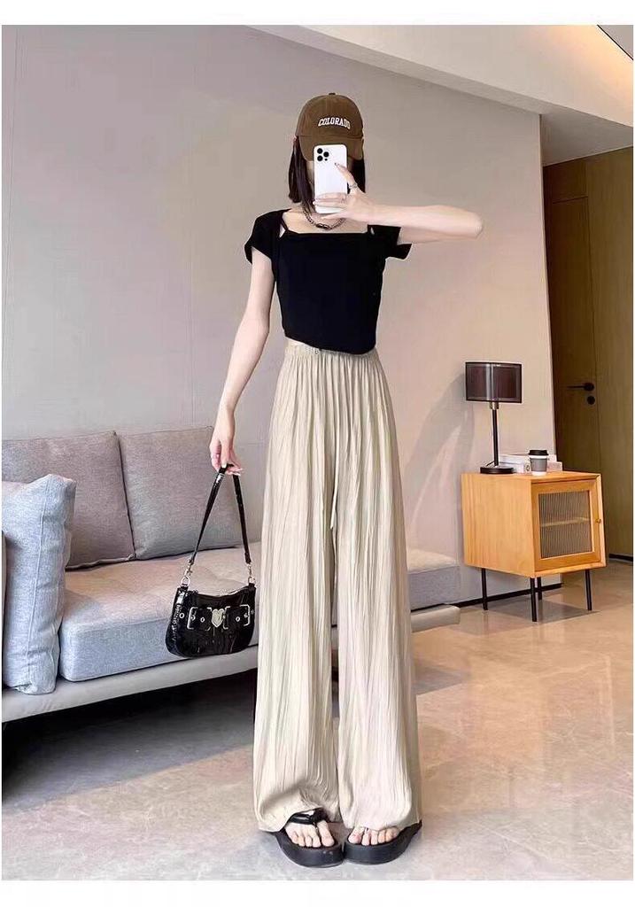 Ice Silk Pleated Wide-Leg Maternity Pants - No Waistband, Petite Fit, Drawstring, Spring/Summer Style