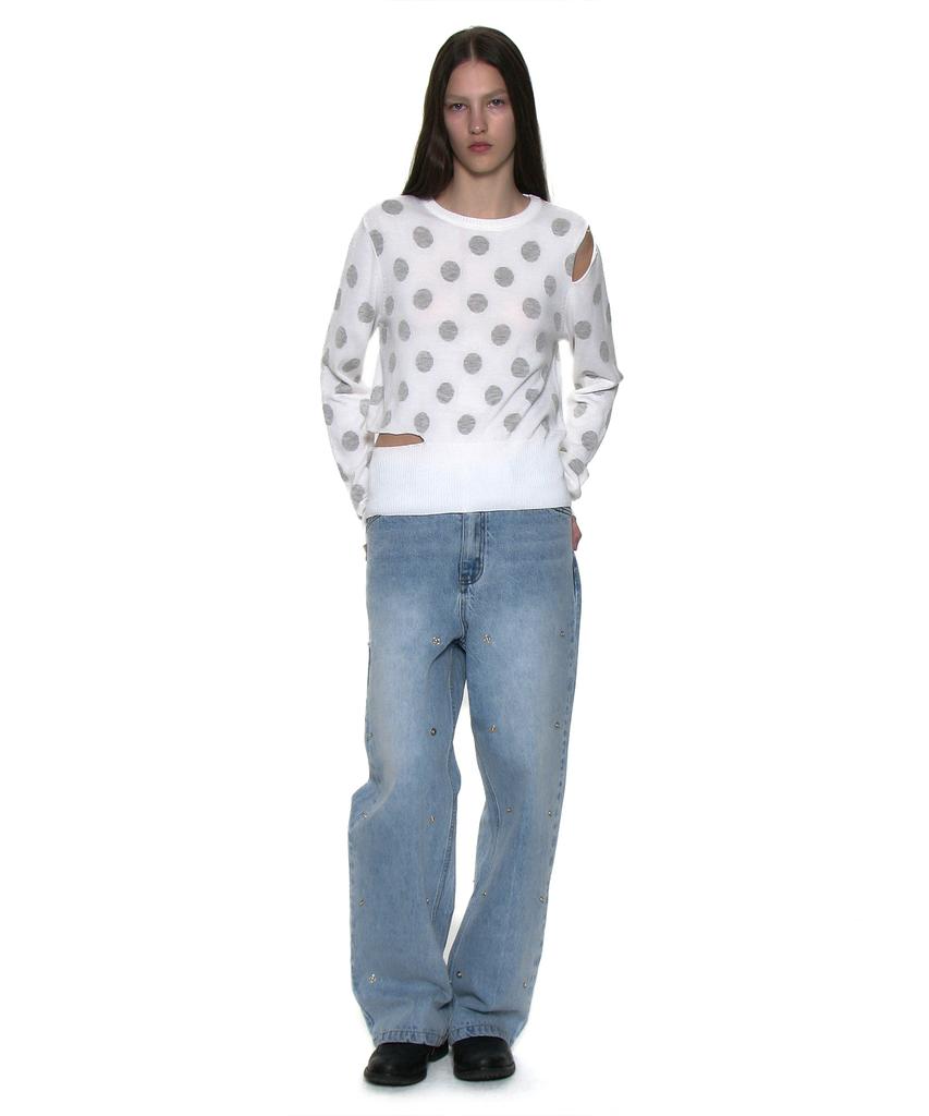 PARTIMENTO WOMEN Cutout Polka Dot Jacquard Knit Crew Neck_White