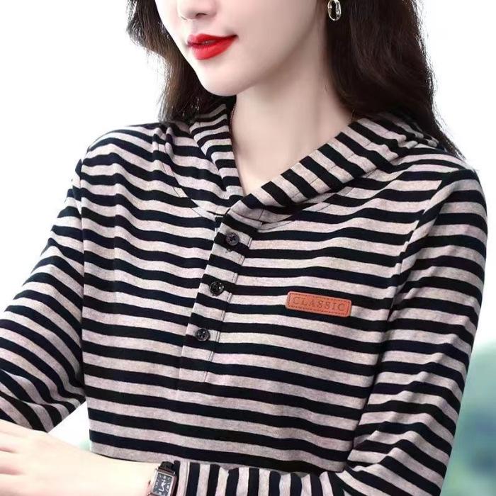 Women's Striped Hooded Long Sleeve Autumn Top - Casual Slim Fit