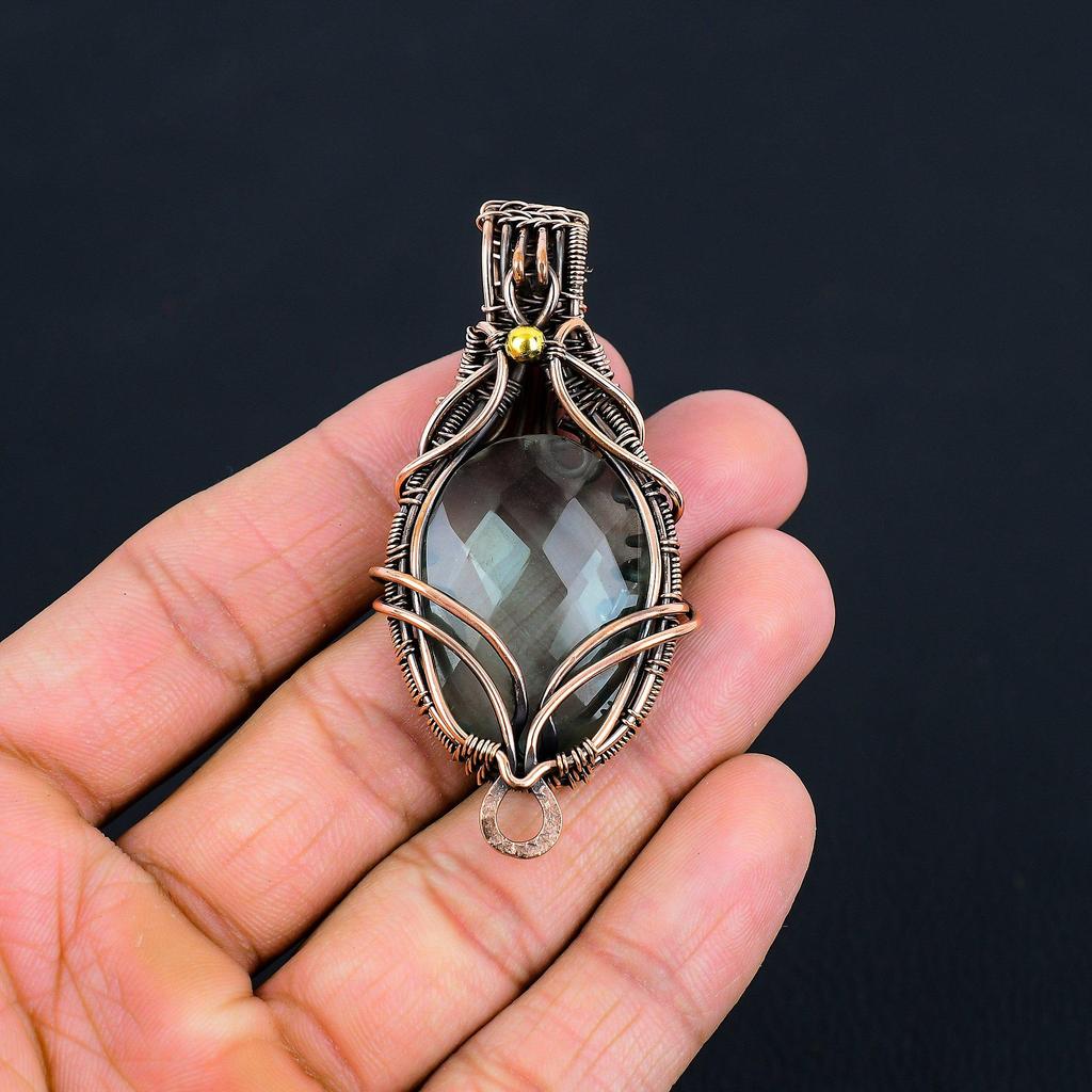 Wonderful Aqua Apatite Gemstone Handmade Pure Copper Wire Wrapped Pendant Jewelry