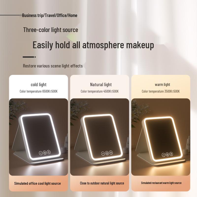 Folding LED Makeup Mirror with PU Leather Case - Portable for Dorm Use.