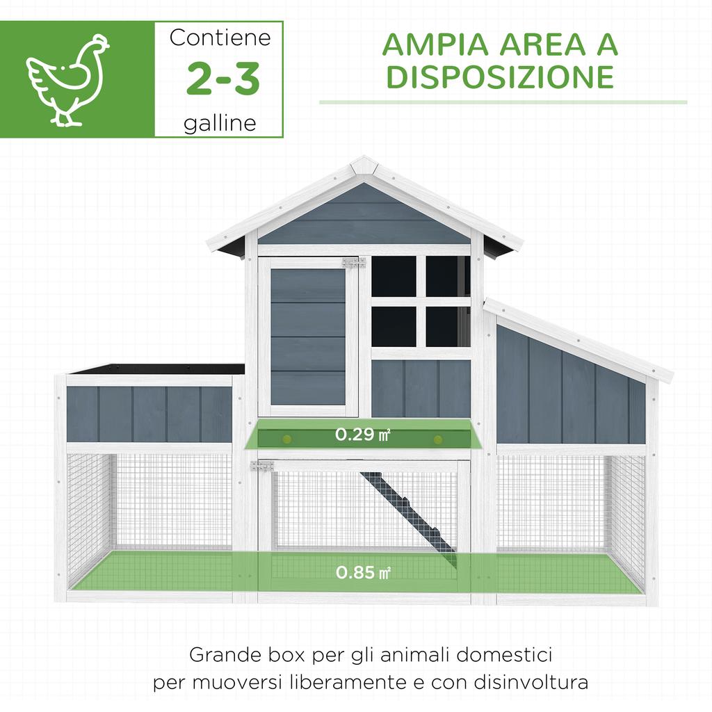 Pollaio in Legno Prefabbricato con Area Aperta, Casa e Nido, 161,5x62,5x115cm, Grigio