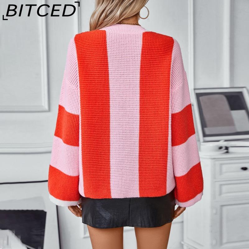 BITCED Women's Color-Block Striped Knit Sweater Fall/Winter Casual Oversized Pullover