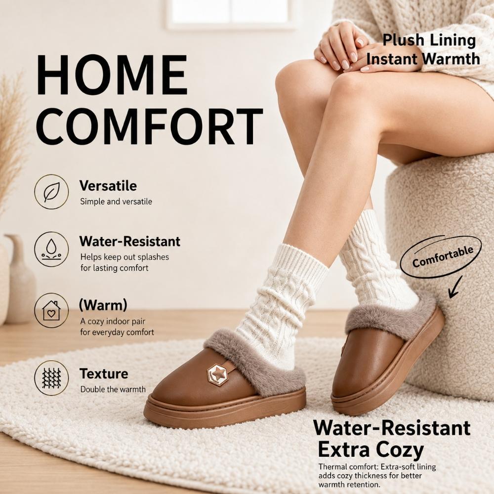 Unisex Closed-Toe House Slippers with Plush Lining, PU Upper, Thick EVA Sole and Slip-On Design for Indoor Winter Wear