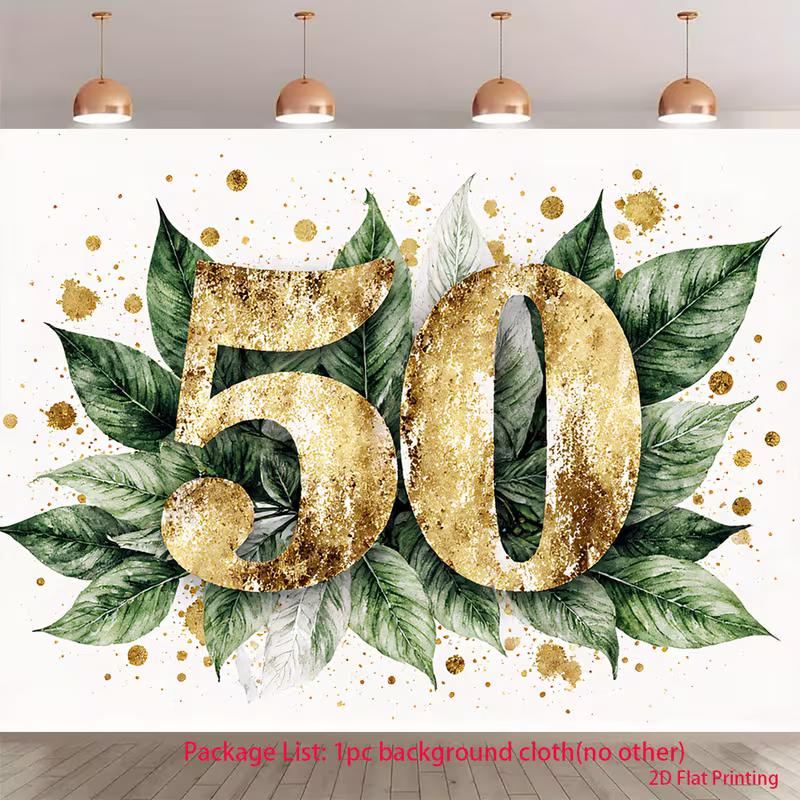

2D Gold Green Leaves 50th Birthday Photography Backdrop, Adult Birthday Decor 47.2x31.5inch/120*80cm