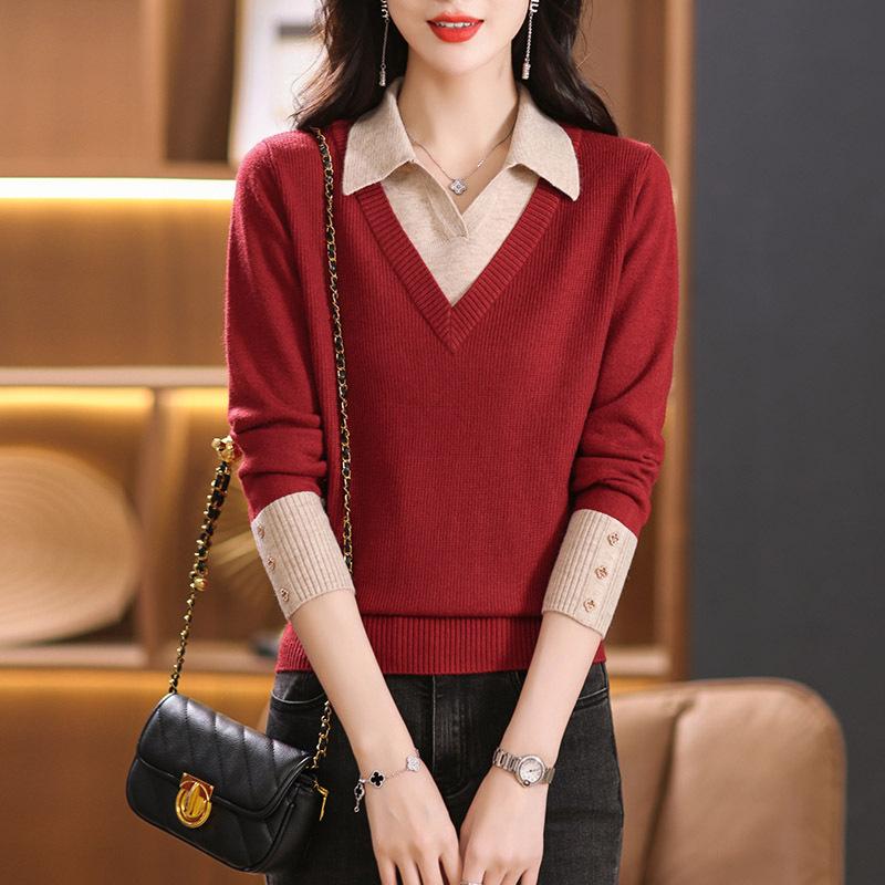 Polo Collar Fake Two-piece Long-sleeved Knitted Sweater Women's New Autumn Knitted Top Foreign Relaxed Fit Top