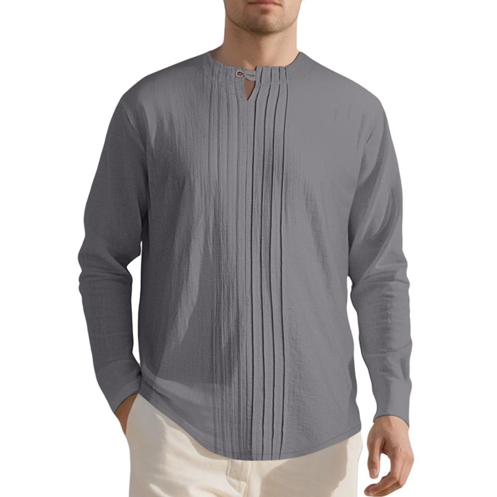 

Мужская льняная повседневная рубашка с длинным рукавом, воротник Генри, удобная, дышащая, модная, молодежная, универсальная одежда на четыре сезона XXXL серый