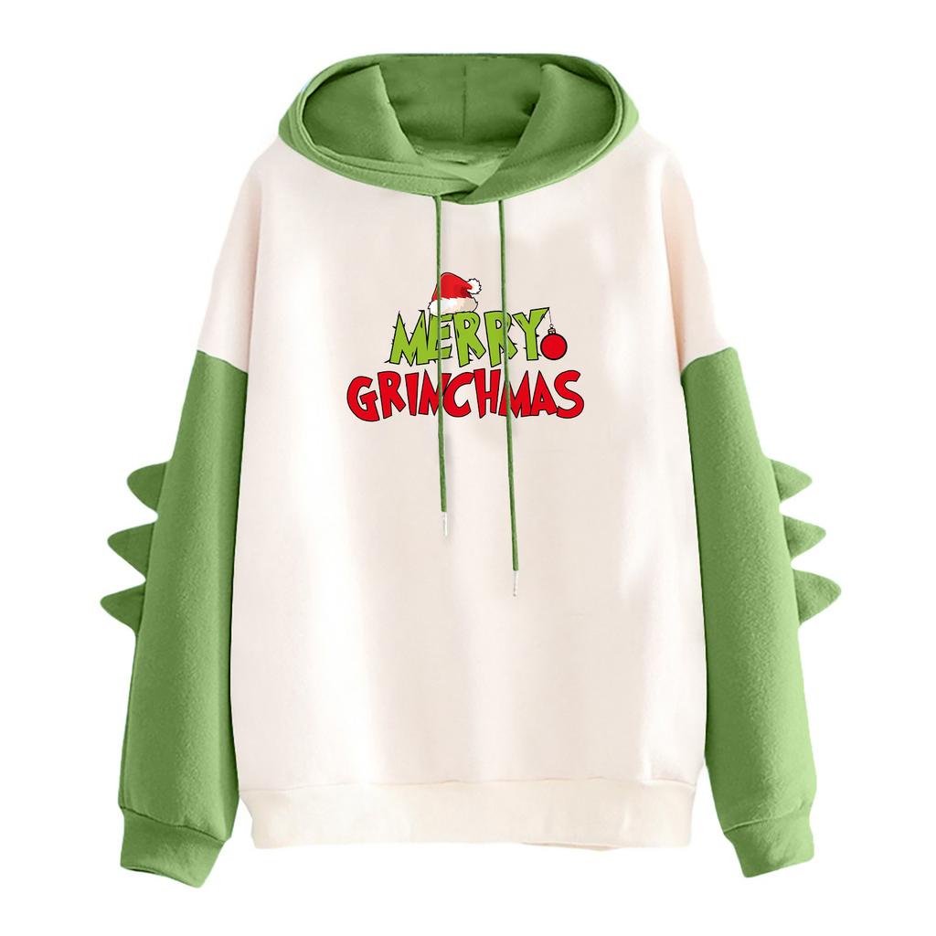 Women's Christmas Printed Contrasting Dinosaur Loose Casual Hoodie