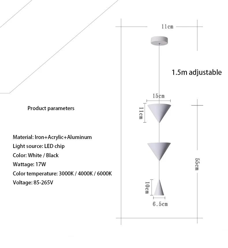 Led Pendant Lamp Bedside Chandelier Cone Long Modern Bedroom Conical Creative Hanging Spotlights White Black  For Home Room