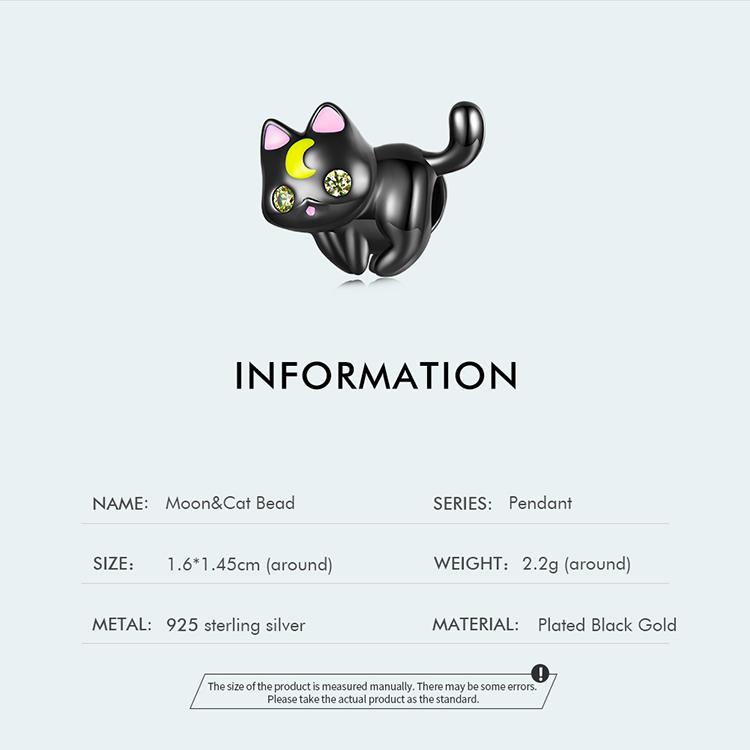 BAMOER 925 Sterling Silver Moon & Cat Charms Fit for Women Original Bracelet & Bangle Cute Black Gold Plated Cat Beads