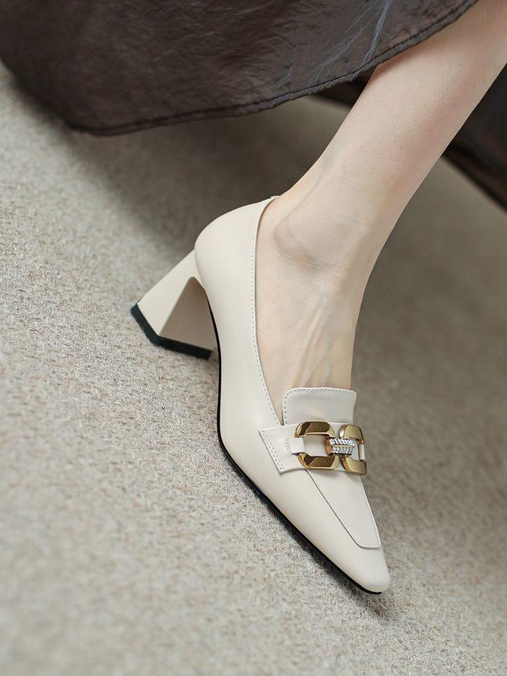 Nude loafers women's 2025 autumn new pointed high heels thick heel leather shoes niche design French single shoes