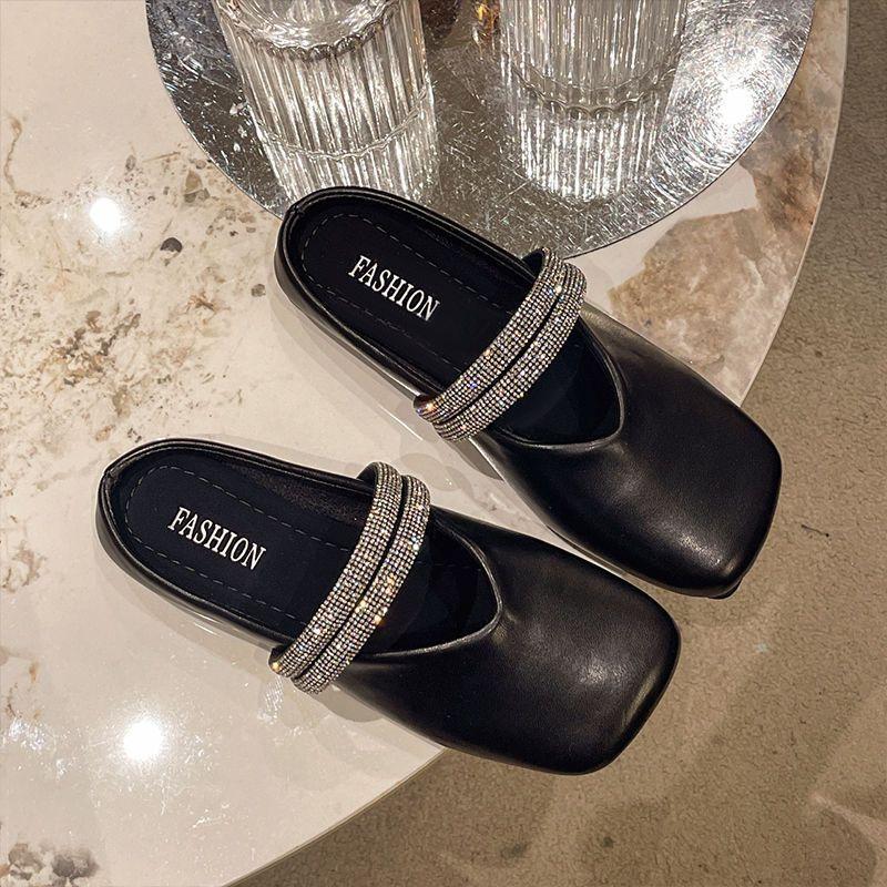 Square Toe Flat Sandals Rhinestone Woman Slippers High Quality Easy Wears Slides 2025 Luxury New Style Vip Mules Shoes for Women