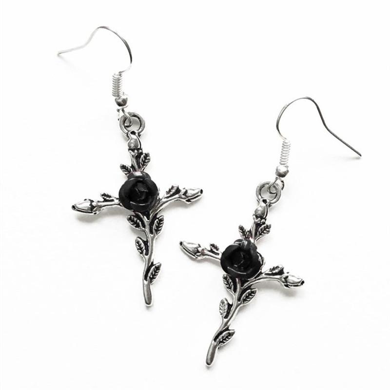 Victorian Gothic Rose Cross Earrings - Silver Gothic Jewelry