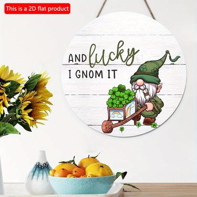 2D Plat 20*20cm 1pc Et Heureusement Je le sais St. Décoration d'intérieur suspendue ronde en bois pour la Saint-Patrick, motif chapeau vert vieil elfe et trèfle à quatre feuilles Célébrer la fête