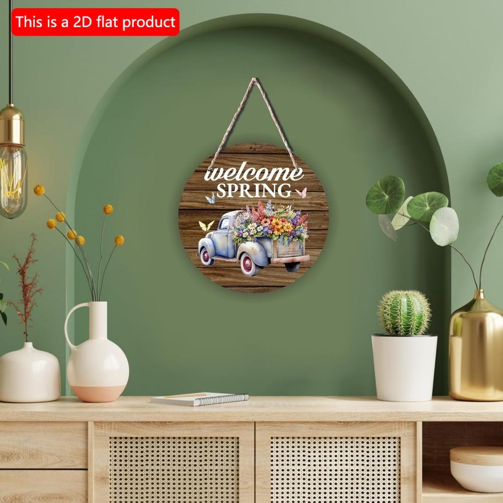 1pc 2d Flat Retro Round Wooden Sign Flower Market Flower Truck, Novel and Interesting Garage Bar Kitchen Home Family Friend Gift Wooden Sign- 20cm