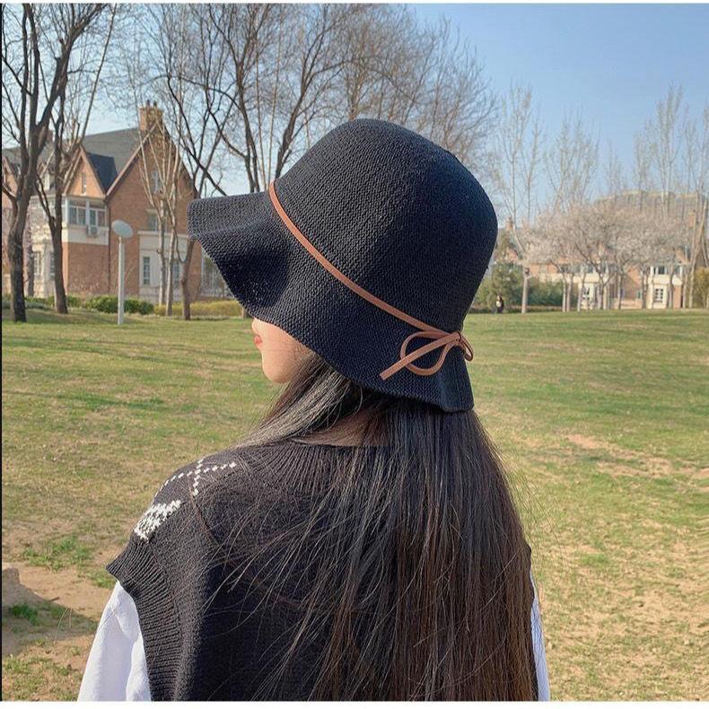 Cappello da Sole Estivo da Donna in Maglia con Fiocco a Falda Corta Protezione Solare per Uso Casual