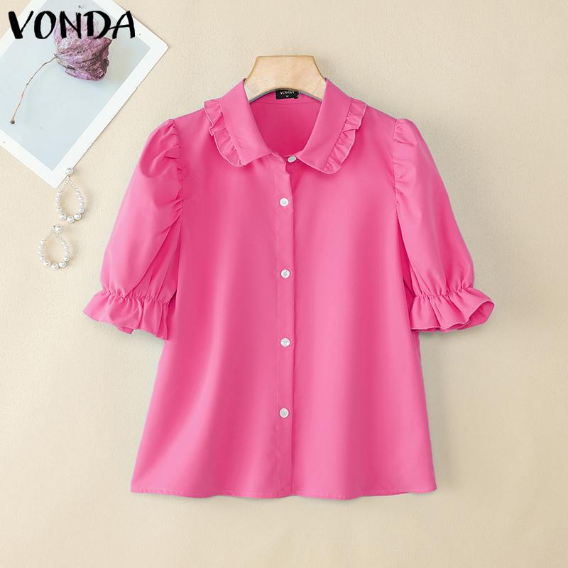 

VONDA Women Doll Collar Puff Sleeve Buttons Up Ruffled Solid Casual Blouse 5XL темно-розовый