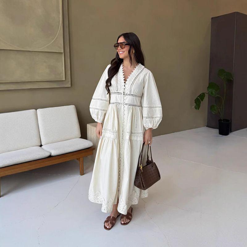 Lantern Sleeve Dress Summer Women Clothes Foreign Trade Casual All-matching V-neck Hollow Lantern Sleeve Dress