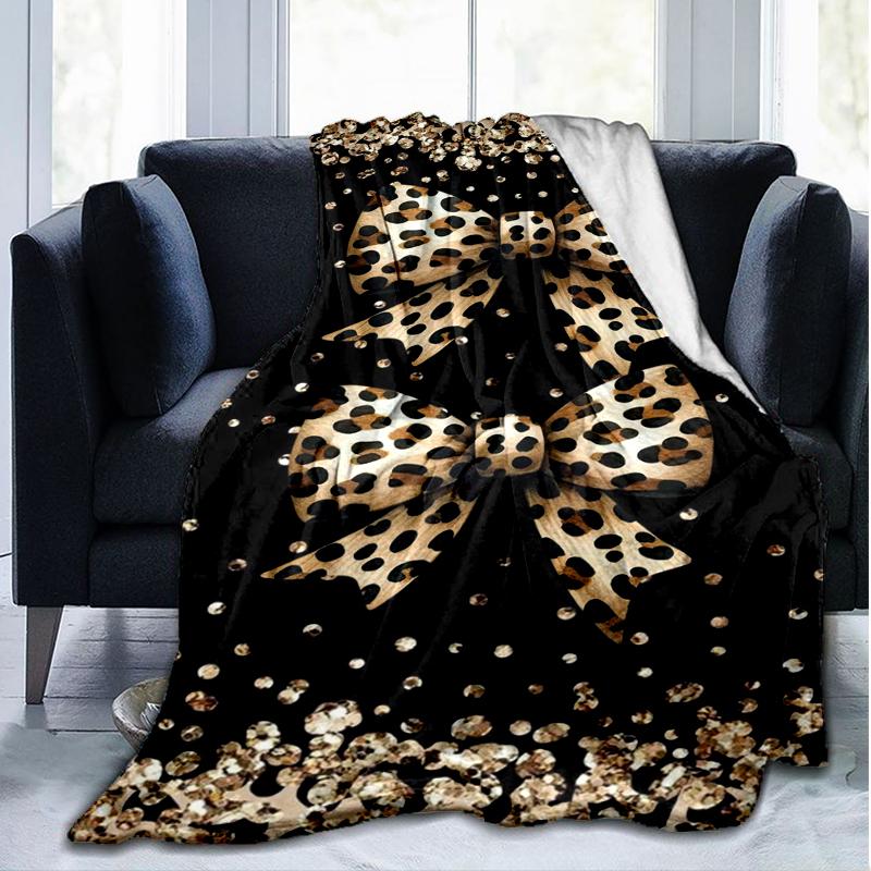 Leopard Bowknot Blanket Personalized Name Flannel Blanket Soft Cozy Plush Throw for Sofa Bed Lightweight Home Décor