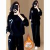 Stylish Korean Plus Velvet Thickened Casual Hoodie Two-Piece Set for Women - Autumn/Winter Chic Slimming Look