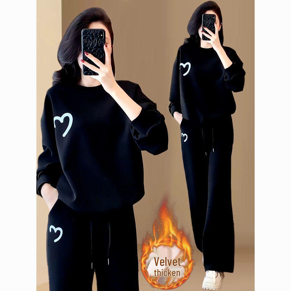 Stylish Korean Plus Velvet Thickened Casual Hoodie Two-Piece Set for Women - Autumn/Winter Chic Slimming Look