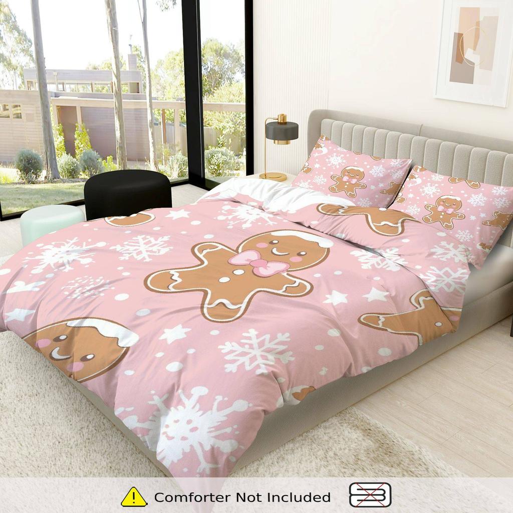 3Pcs Gingerbread Snowflake Pink Duvet Cover Set - Cute Cartoon Design Zipper Closure Machine Washable Polyester All-Season