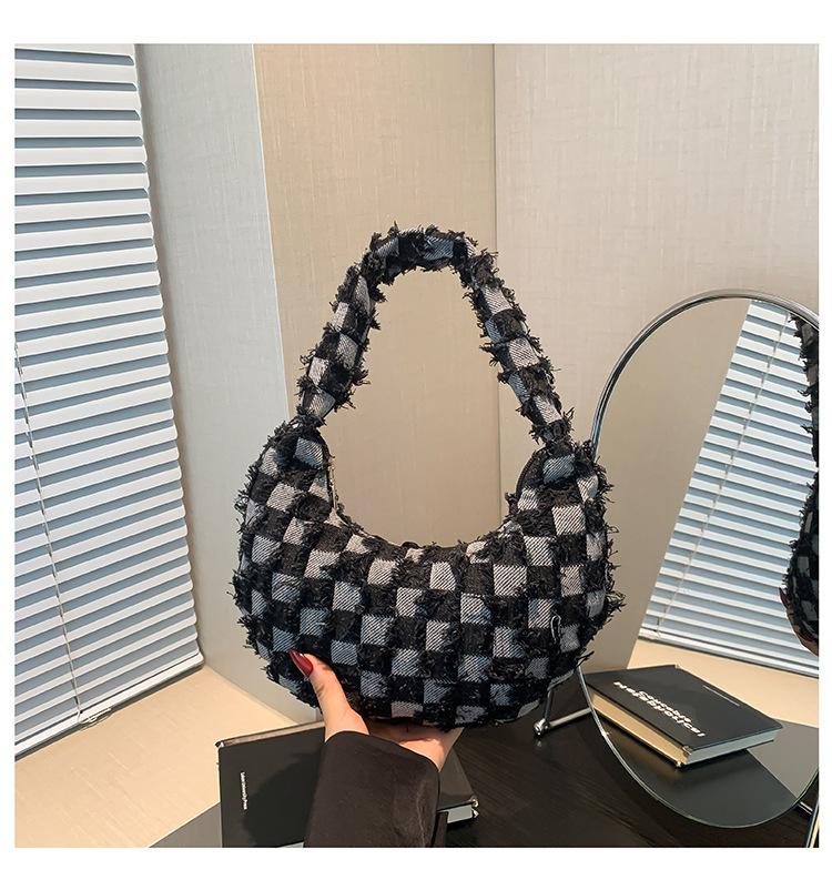 Summer Fabric Personality 2025 New Casual Fashion Large Capacity Canvas Plaid Simple Shoulder Crossbody Armpit Bag