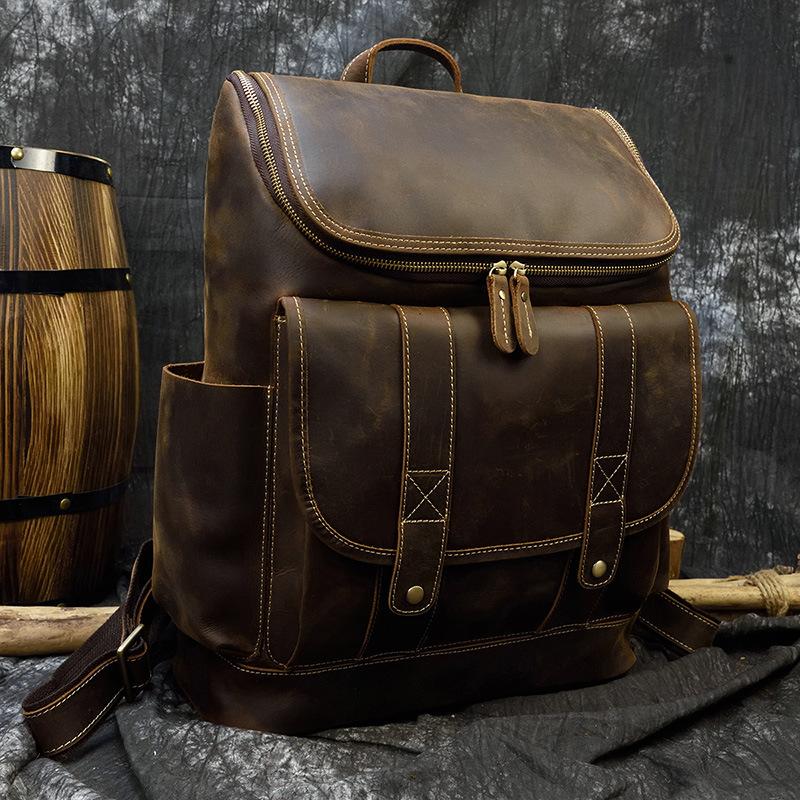 Crazy Horse Leather Men'S Backpack Leather Travel Bag Student School Bag Large Capacity First Layer Cowhide Backpack