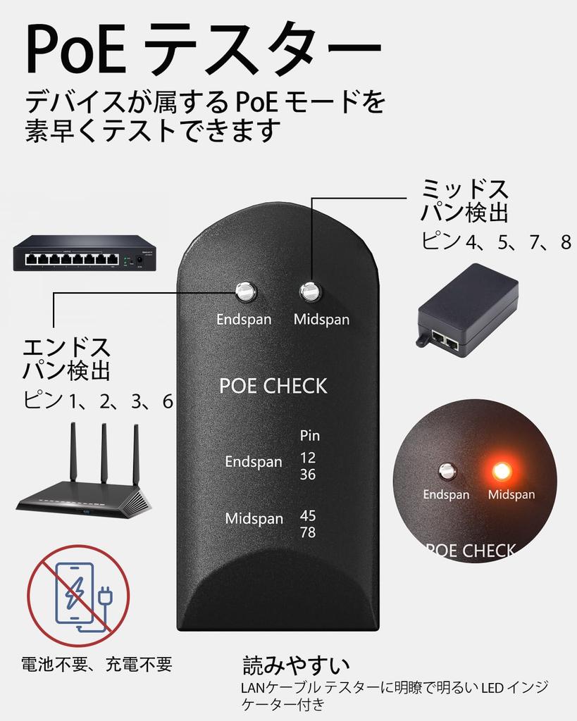 VCELINK PoE-Detektor, Testkabel im Lieferumfang, Test-Tester, PoE-Prüfer, Unterstützt Midspan (Zwischenprodukt mit Stromversorgung),