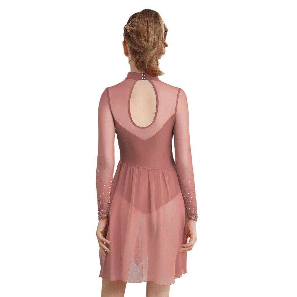 Mädchen Eiskunstlauf Tanzkleid Lange Ärmel Stehkragen Schlüsselloch Rücken Glänzende Strasssteine Eingebauter Slip Kleid