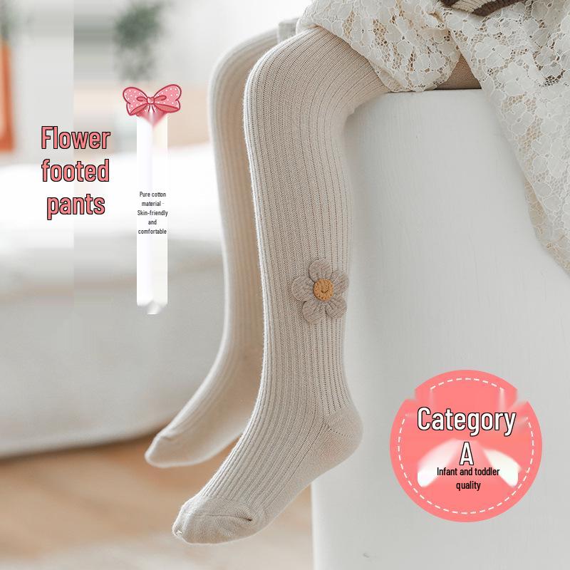 Spring & Autumn Girls' One-Piece Cotton Tights - Solid Striped, Medium Thickness, Sunflower Design