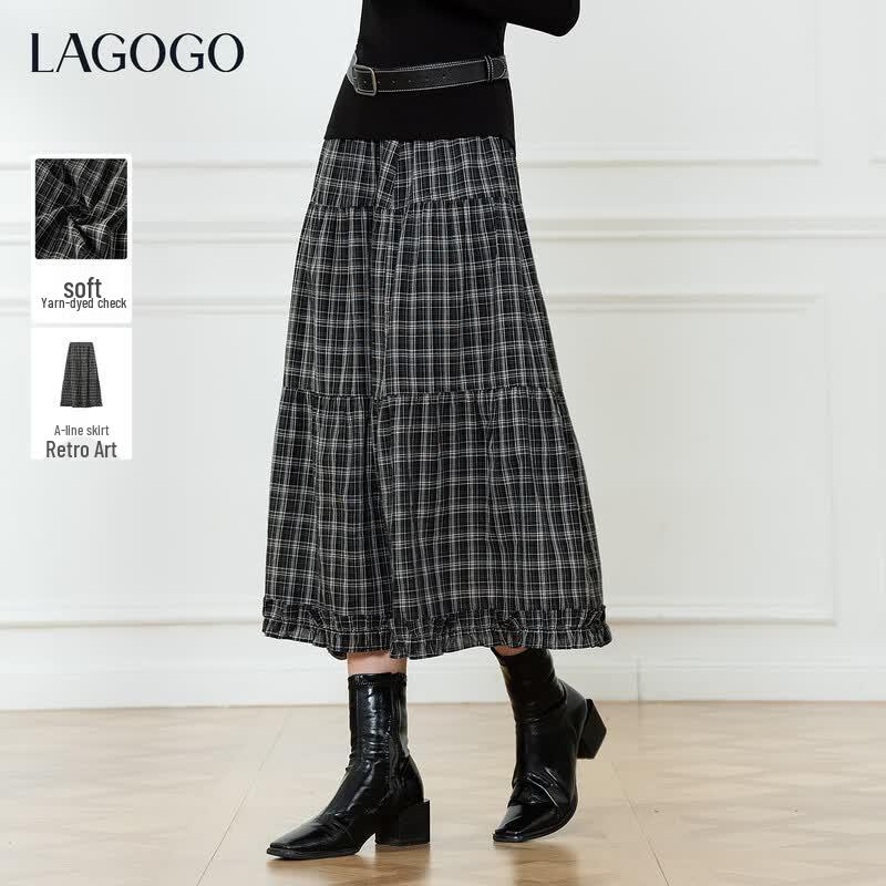 LAGOGO Women s Retro Plaid Midi Skirt L