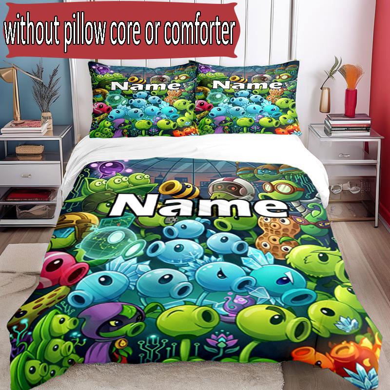 3pcs Duvet Cover Set (1*Duvet Cover + 2*Pillowcase, Without Core), Custom Name Plants VS Zombies Pattern Bedding Set, Home Bedroom Decor Gift